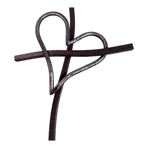 Heart Shaped Metal Wavy Cross Wall Decor 11" Bronze Art Religious Decor - Picture 2 of 5